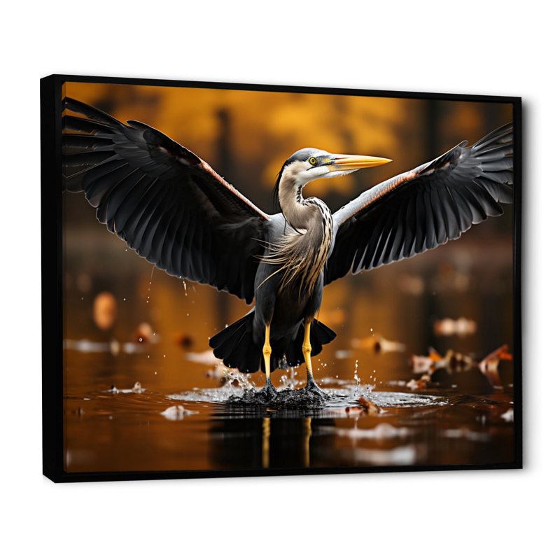«Yellow Black Heron Elegance» dévoilé sur toile, H 34 po x l 44 po x P 1,5 po, Cadre flottant noir