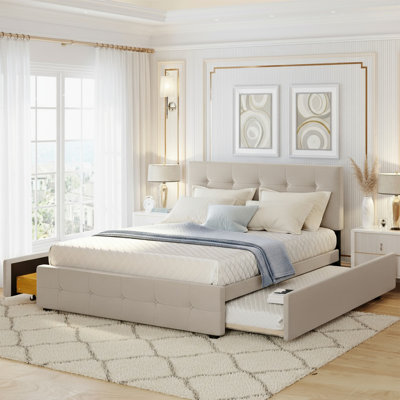 Queen Bed Frame With 2 Drawers And 1 Twin Trundle, Linen Upholstered Platform Bed With Button Tufted Headboard And Wood Slats Support, No Box Spring Needed,beige