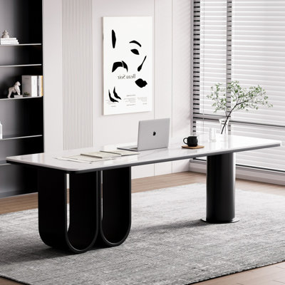 Bureau blanc + pierre frittée rectangulaire + bois massif + bureau en fer