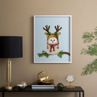 «Christmas Fluffy Owl and Antler», reproduction encadrée - bois massif
