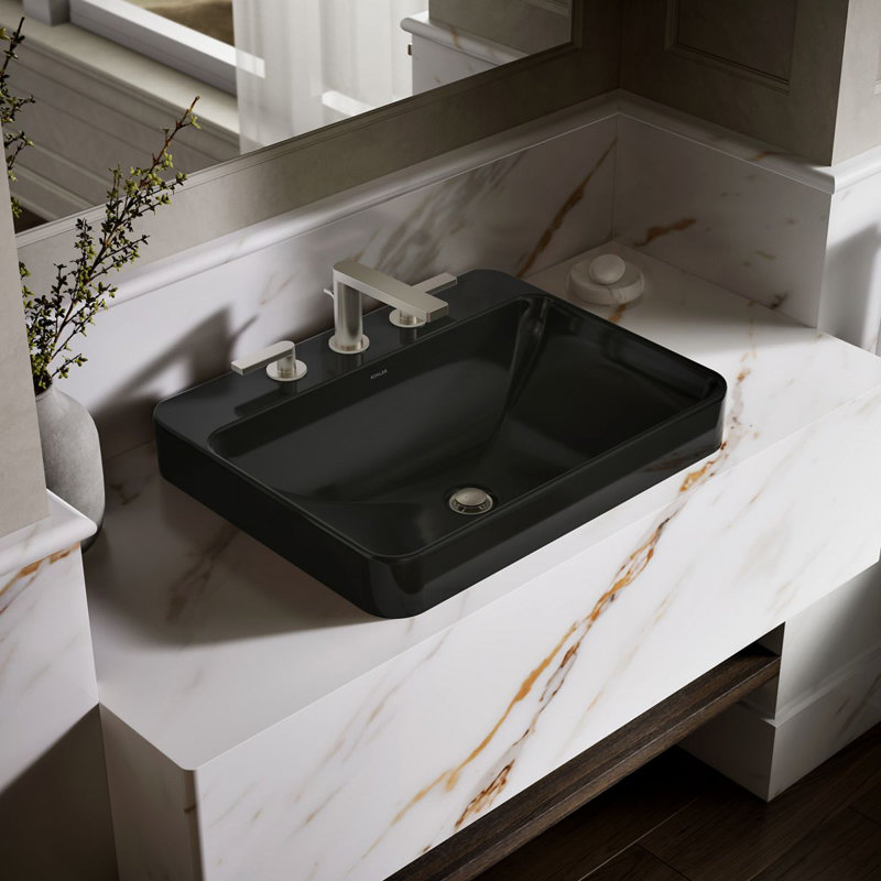 Vox Vitreous China Rectangular Vessel Bathroom Sink with Overflow, Black Black, 3