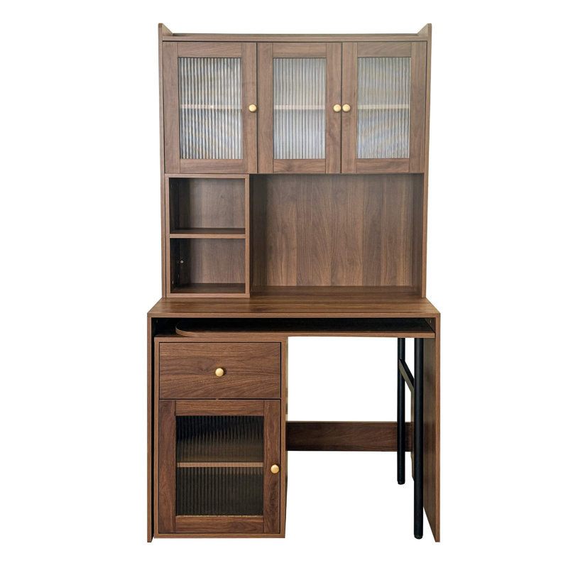 Bureau d'ordinateur avec portes en verre et bureau rotatif à 90 ° - Bureau d'étude avec huche, Brun