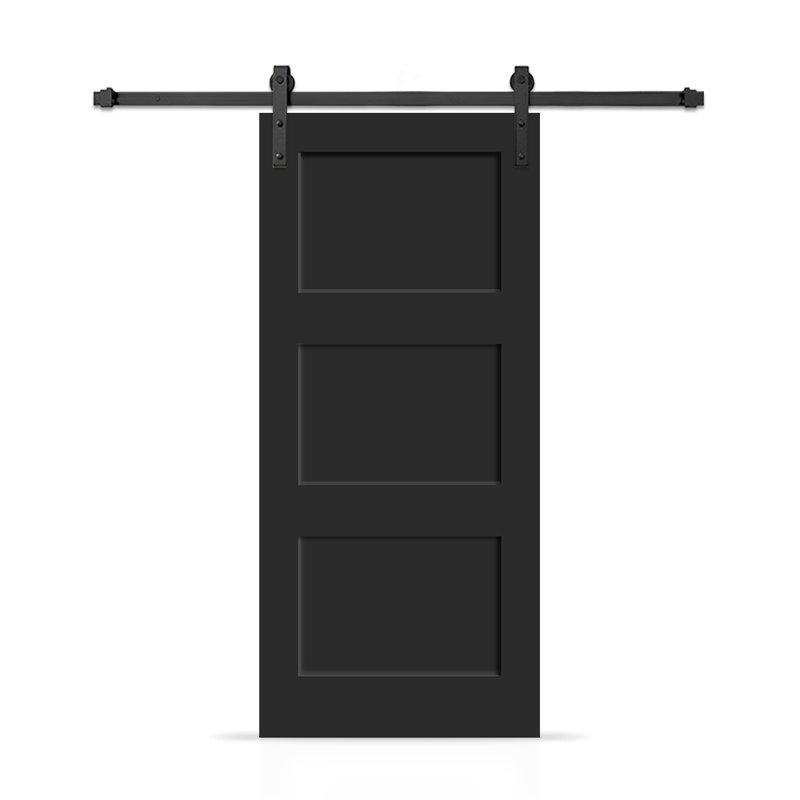 Porte de grange coulissante moderne en composite peint à 3 panneaux avec ensemble de quincaillerie, Noir, 80 po x 30 po