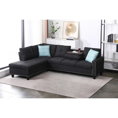 Ensemble de 2 pièces faisant face à la gauche de 98 po de largeur, mélange de lin gris anthracite, conception et accoudoirs arrondis, garniture cloutée, sièges rembourrés de mousse pour plus de confort, dossiers amovibles, lin à cinq espaces