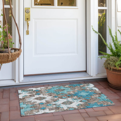 Machine Washable Indoor/Outdoor Xhevrie Teal Rug