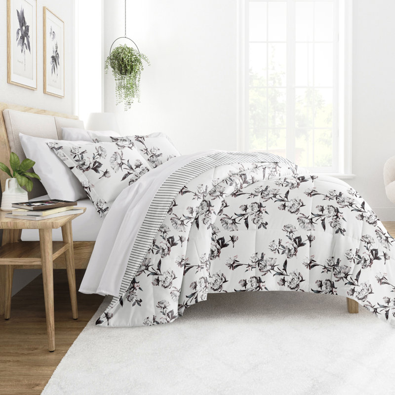 Gray All Season Down-Alternative Reversible Comforter Set in Vintage Magnolia Stripe