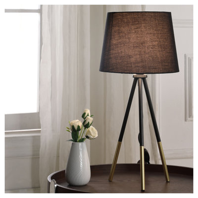 Modern Tripod Table Lamp, 20" Black Gold Metal Desk Lamp with Semi-Drum Shade for Living Room, Bedroom & Office - Devon Collection