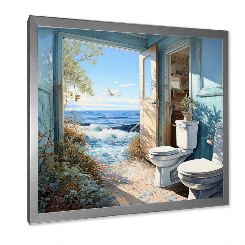 «Oceanic Escape Toilette Pointillism» - Imprimé, H 24 po x l 24 po x P 1 po, Cadre photo argenté