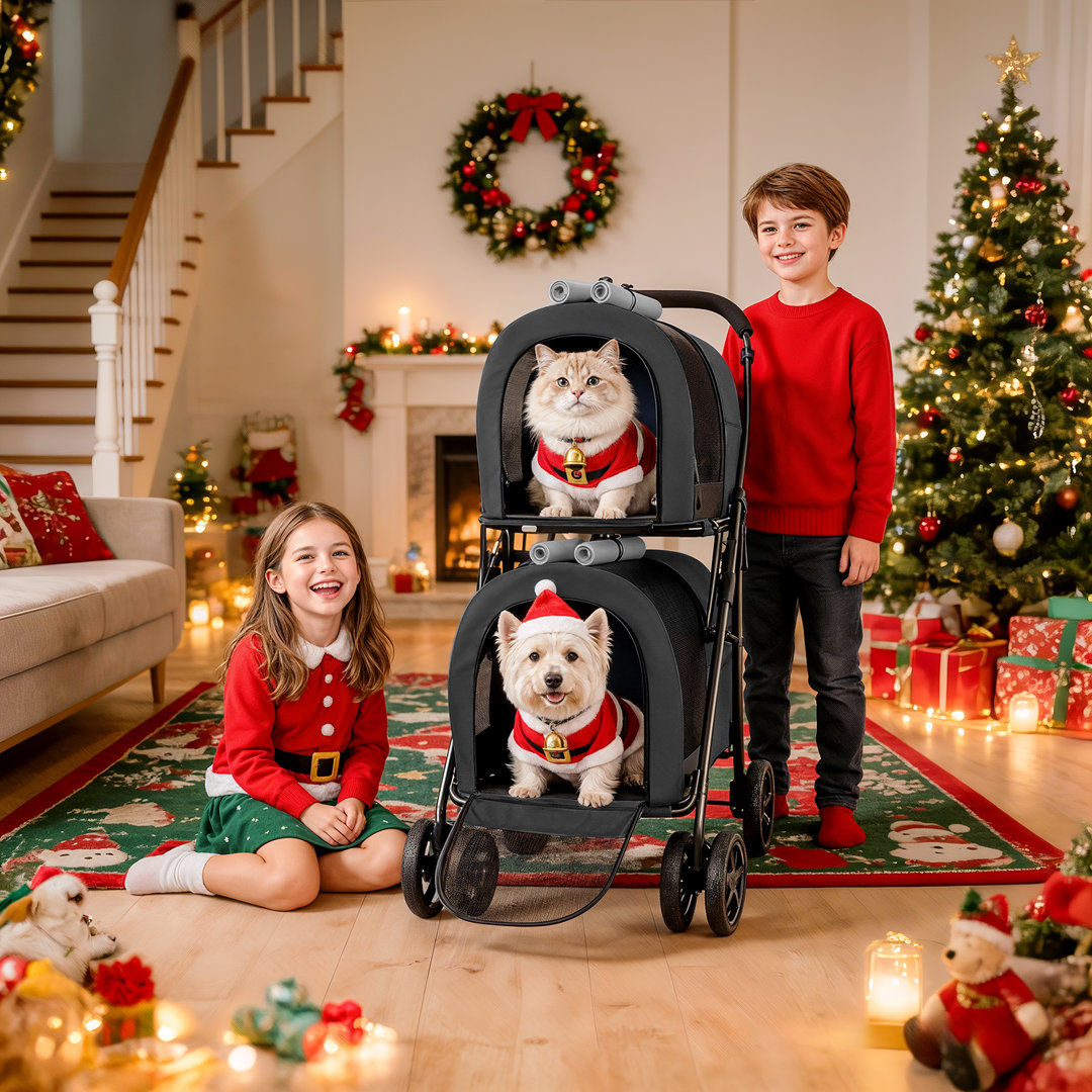 Foldable Pet Stroller with Double Detachable Carriers, Folding Dog Cat Jogger Stroller with Tether MoNiBloom 