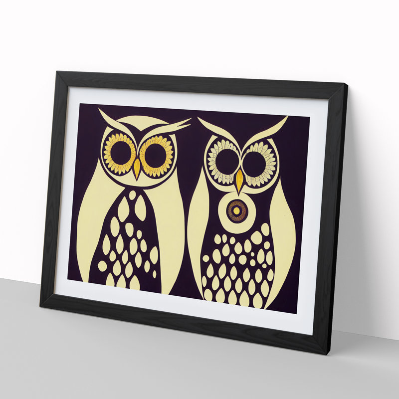 Retro Owls - Single Picture Frame Painting, Black Framed, 46cm H x 64cm W x 2cm D
