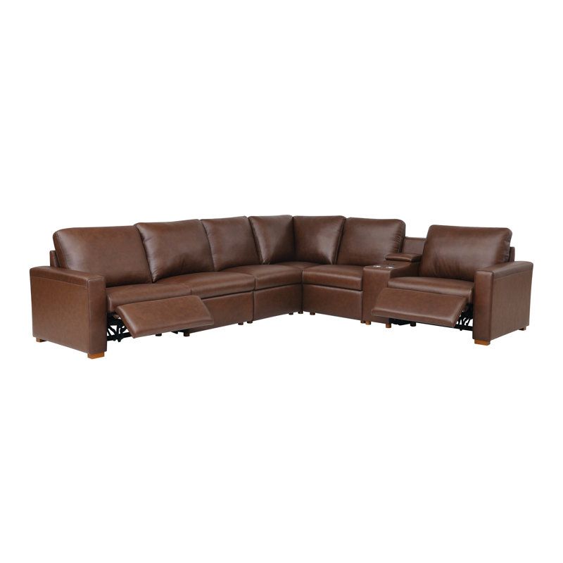 132" W Hudson Recliner Leather-Matched Sectional, Brown Leather Match