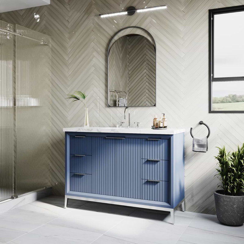 48" Freestanding Standard Single Bathroom Vanity with Top, Silver/Navy Blue