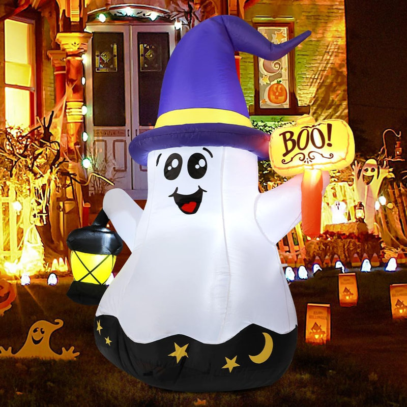 Fantôme d'Halloween gonflable 5 pi avec lumière à main, lumières DEL intégrées, décoration de jardin gonflable pour pelouse