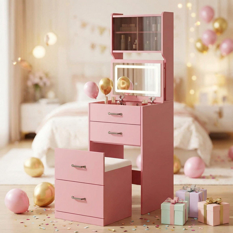 Bureau de coiffeuse 3-en-1 avec 3 couleurs de DEL, ensemble de coiffeuse de maquillage compact avec 2 prises CA et USB, coiffeuse avec tiroirs et portes en acrylique, miroir de coiffeuse de table de chevet, boîte à bijoux, fauteuil caché rembourré