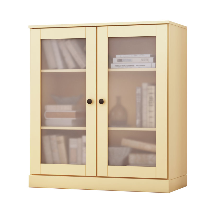 Palace Imports 100% Solid Wood 3-Shelf Bookcase, Frosted Glass Doors, Adjustable Shelves, 32" Wide, 35.75" Tall, Yellow