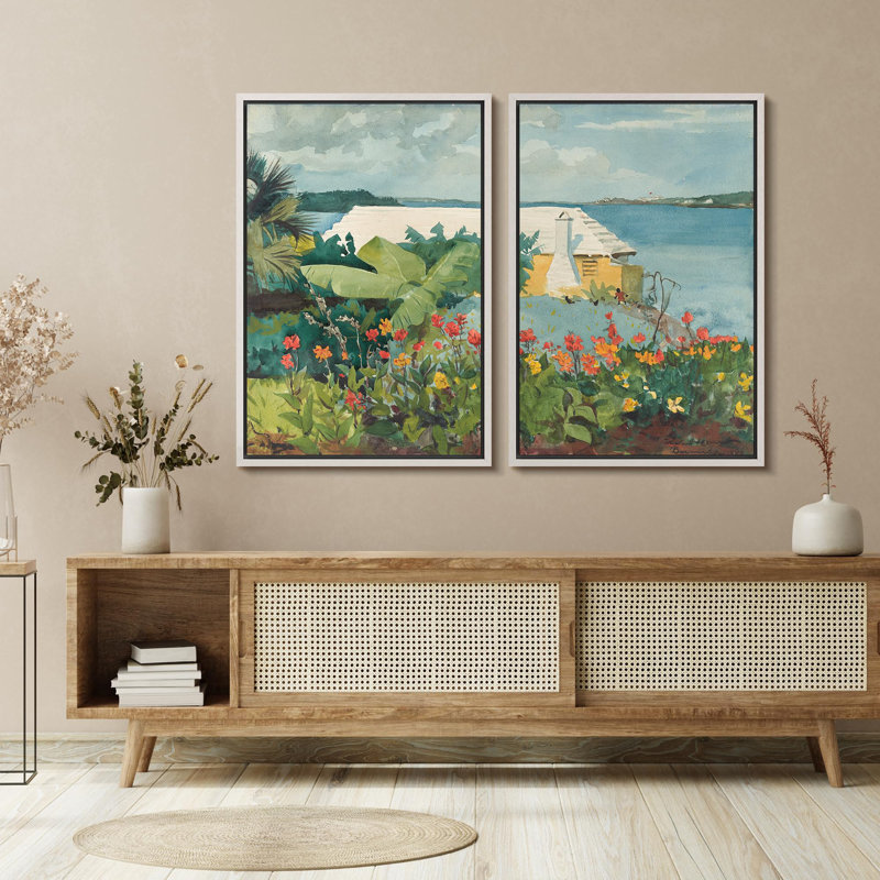 «Coastal Serenity And Pier Tranquility Tropical Landscape», 2 pièces sur toile, Blanc, H 24 po x l 32 po