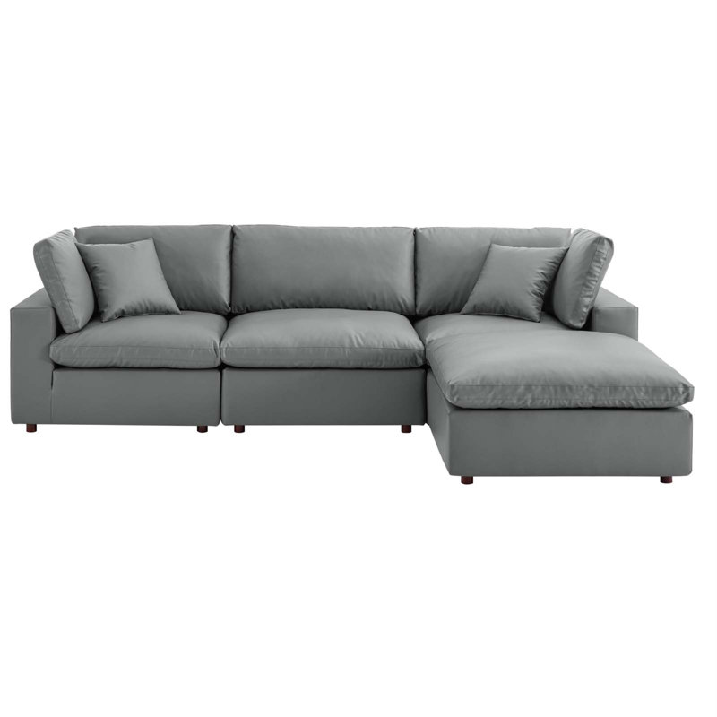 Gray Faux Leather 4-Piece Sectional Sofa with Ottoman and Down Fill