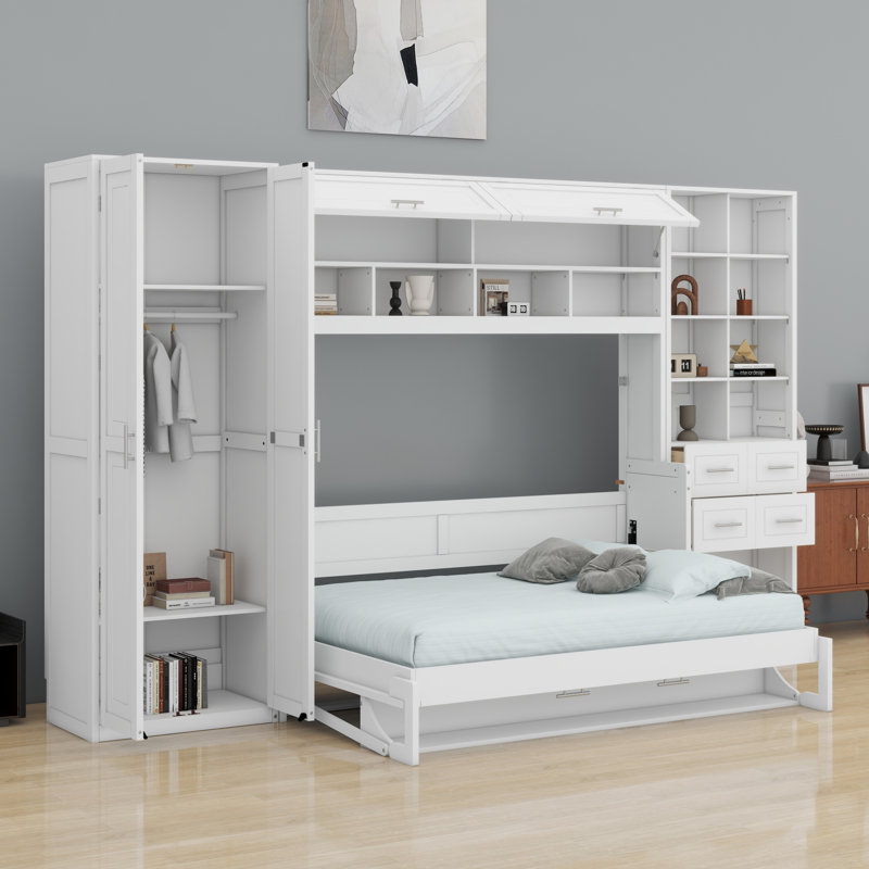 Lit escamotable Murphy avec placard, tiroirs et tablettes, Blanc