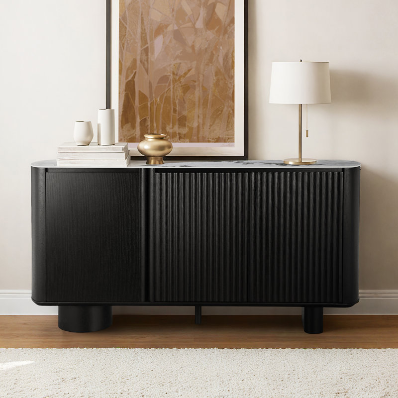 Buffet cannelé moderne à 3 portes en chêne noir avec rangement réglable et plateau en céramique Walther