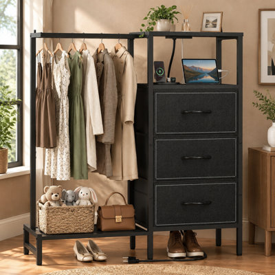 Commode en tissu noir avec 3 tiroirs, garde-robe et station de recharge pour le rangement dans la chambre, le dressing, le couloir ou l'entrée.