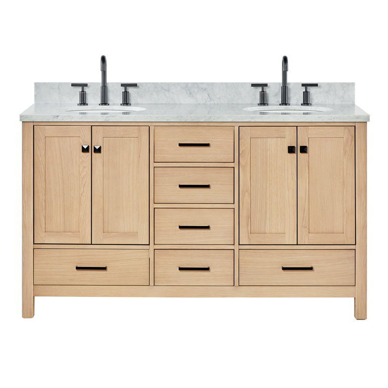 Flynt 67'' Double Bathroom Vanity with Carrara Marble Top, Oak, Oval, 61" W
