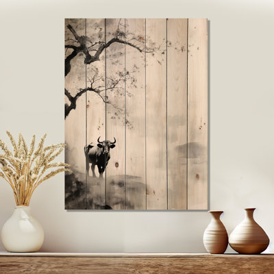 «Asian Art Cow Sumi XV», reproduction asiatique sur bois de pin naturel
