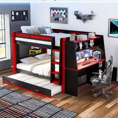 Full Size Gaming Bunk Bed with LED Light, Desk, Bookshelves, Trundle, Storage Drawers - Red & Black