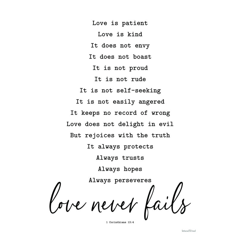 «Love Never Fails», art textuel sur toile tendue, H 16 po x l 12 po