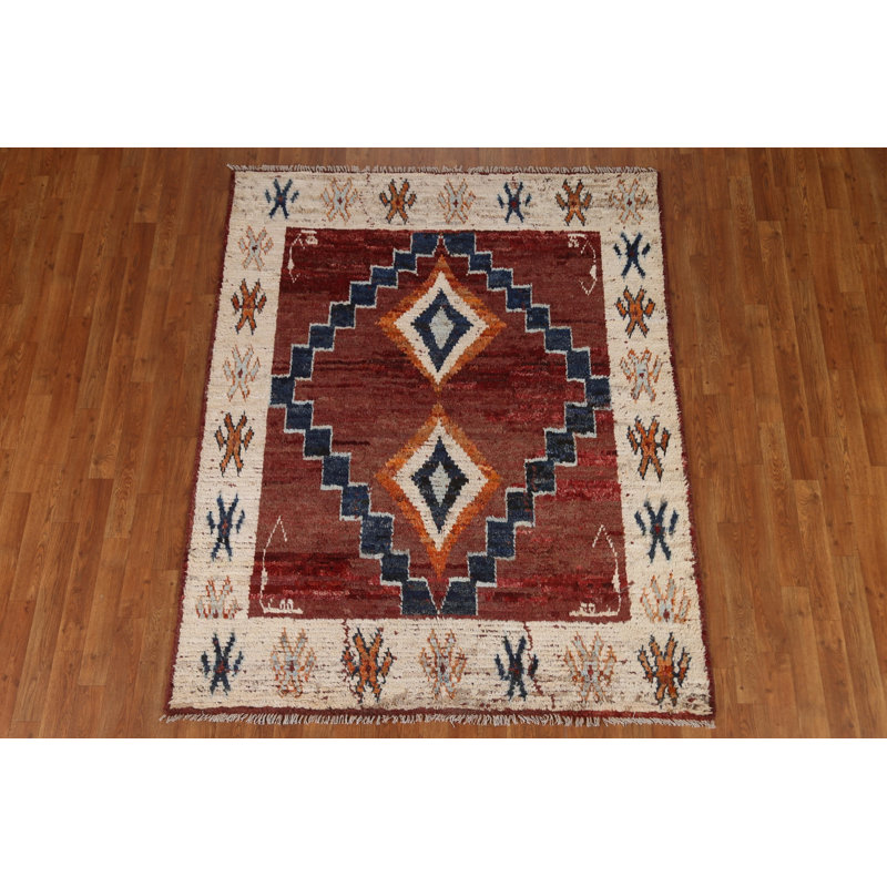 Tapis brun en laine noué à la main de conception unique 5 pi 2 po x 6 pi 5 po New Age