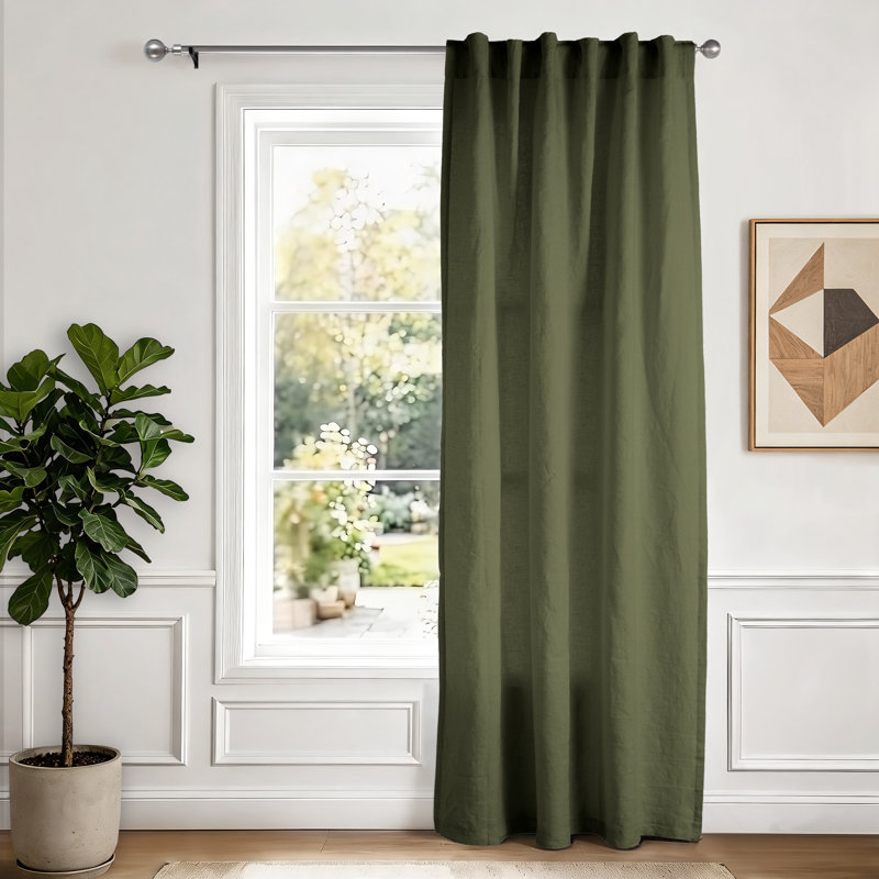 Clara 100% French Linen Semi Sheer Back Tab Curtain Panel, Olive, 50" W x 84" L