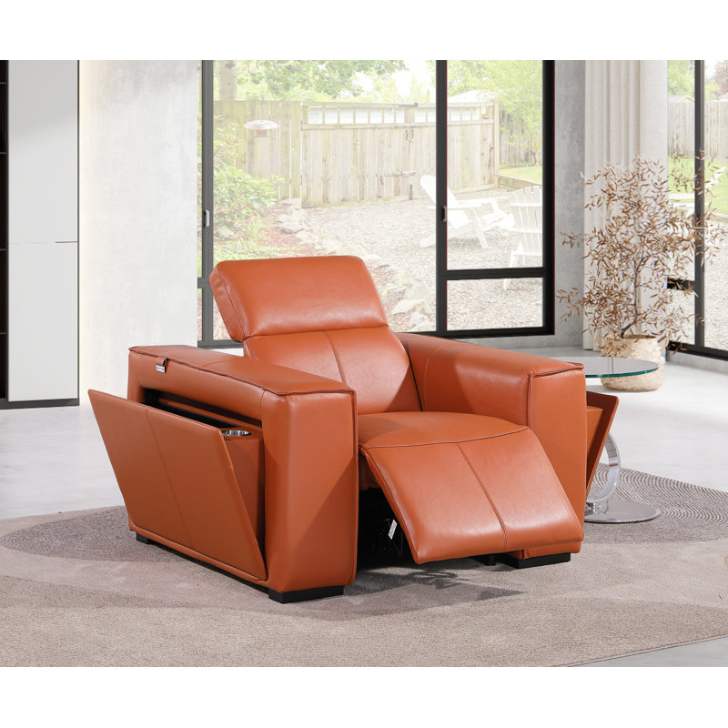 Top Grain Italian Leather Power Reclining Arm Chair with Power Headrests, Camel Genuine Leather