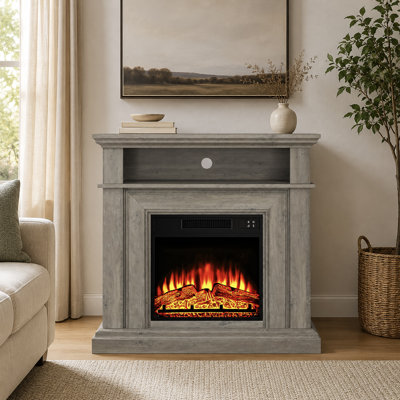 Farmhouse Gray Electric Fireplace TV Stand – Freestanding Heater Media Console, Realistic Log Flame, Open Storage Shelf,