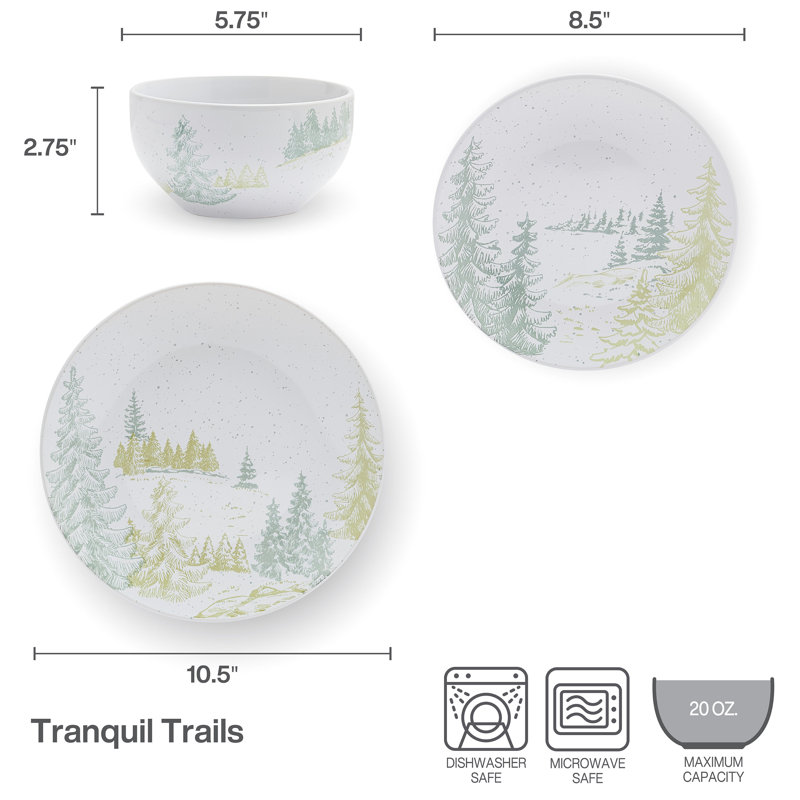 Tranquil Trails White Ceramic 12-Piece Dinnerware Set, Service for 4