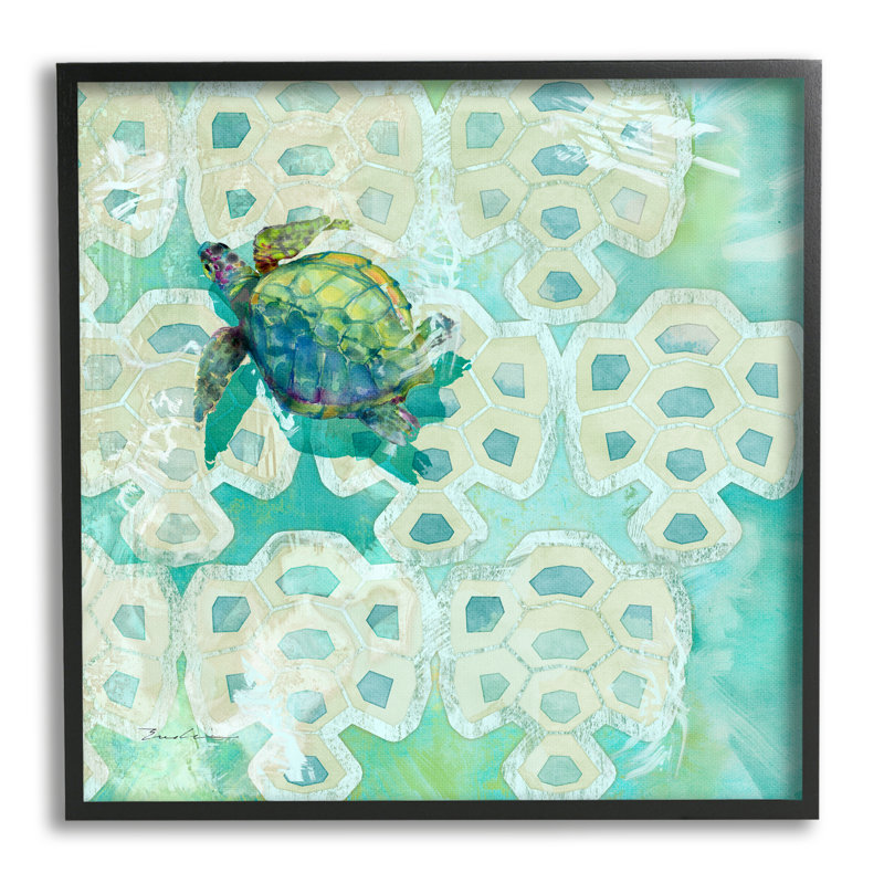 Motif géométrique de tortue de mer - cadre flottant, impression sur bois, Giclée encadrée noir minuit