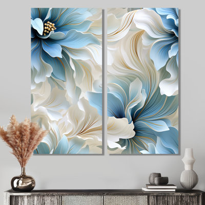 «Ethereal Blue and White Damask Dreams» - art mural bleu 2 pièces
