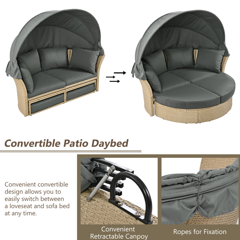 Ensemble de mobilier d'extérieur pour lit de jour en rotin et osier avec canapé escamotable et 4 coussins pour la cour, Gris