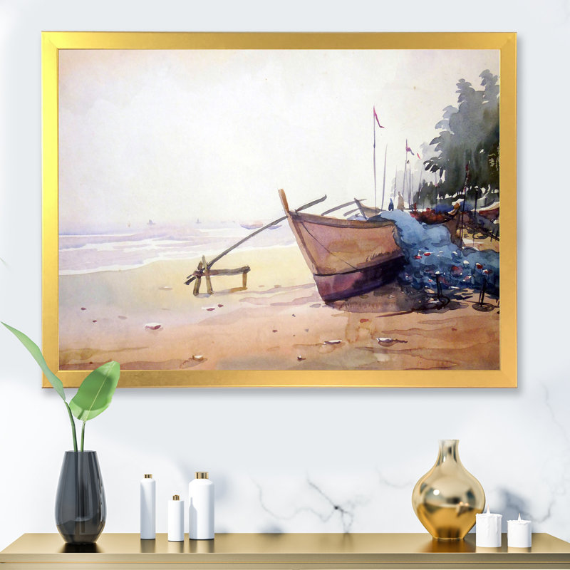 Bateaux de pêche dans le port - Peinture sur toile, H 16 po x l 32 po x P 1 po, Cadre doré