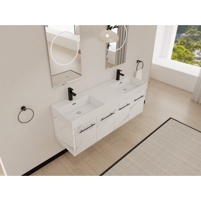 Meuble-lavabo de salle de bain 60 po, contreplaqué, 2 pièces, fixation murale, blanc