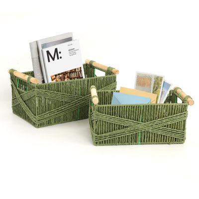 Wicker Storage Baskets For Organizing, Hand-Woven Paper Rope Basket Set For Home Decor, Nursery Room, And Shelves, Green