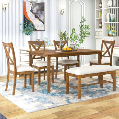 Ensemble de 6 tables de salle à manger en bois, 4 chaises en tissu et banc (cerisier naturel)