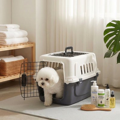 Plastic Pet Carrier, Portable Hard-Sided Dog Travel Kennel Pet Crate Transport Box with 2 Door Entry