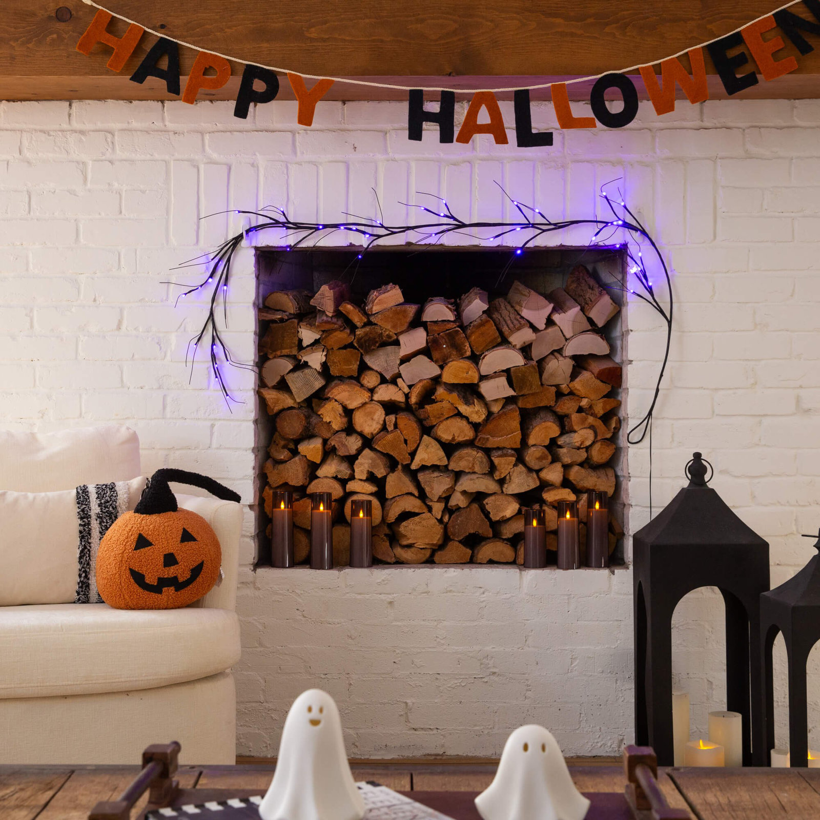 6.5Ft. Pre-Lit Artificial Halloween Black Twig Garland With 48 Purple LED Lights