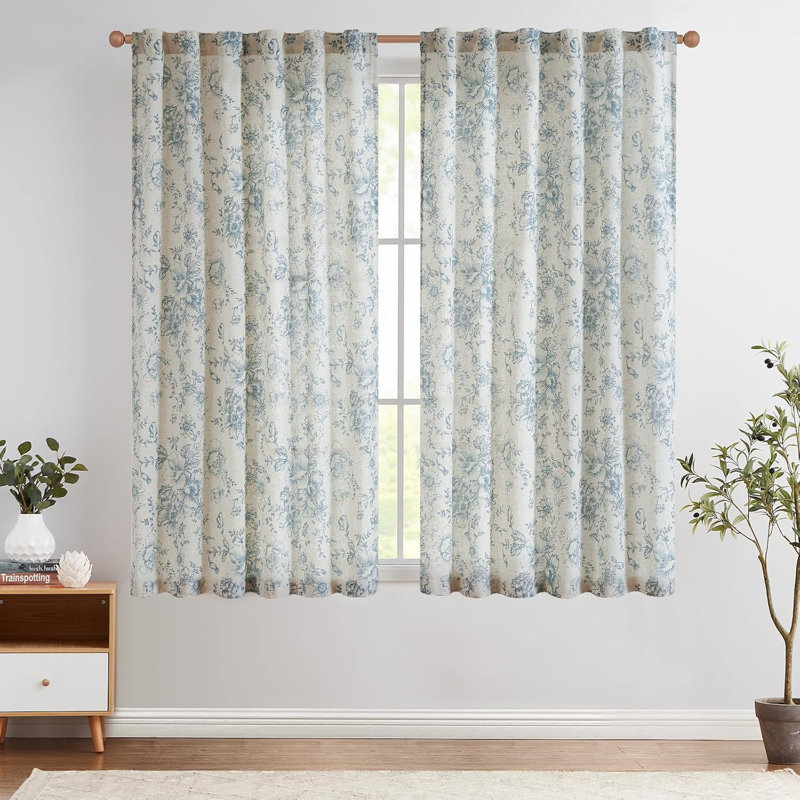 Blue Linen Semi Sheer Rod Pocket Window Panels with Peony Pattern