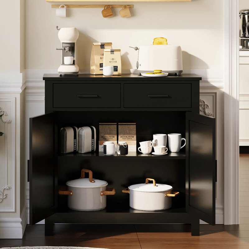 Kitchen Storage Cabinet Modern Buffet Cabinet with Storage Coffee Bar with 2 Drawers Floor Sideboard Buffet, Black