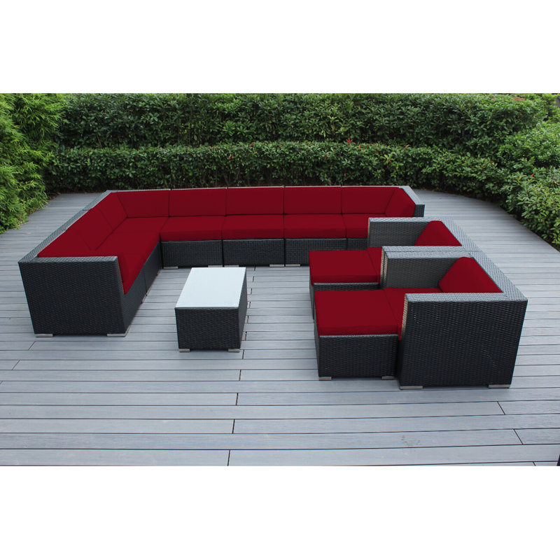 Konen Wicker 8 - Person Seating Group with Cushions - No Assembly, Black, Canvas Jockey Red Sunbrella® Canvas