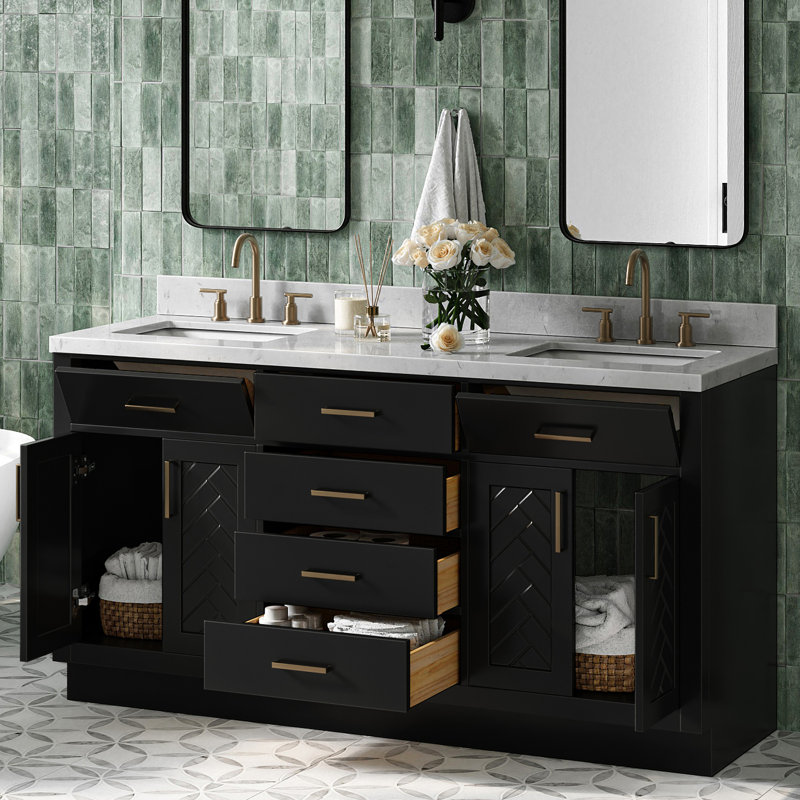 Meuble-lavabo double rectangulaire à chevrons de 66 po avec comptoir en quartz blanc Carrara blanc, Rectangulaire, Noir