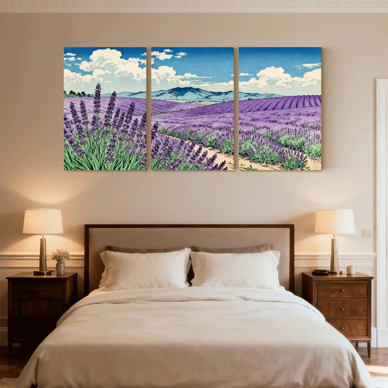 Lavande champ ciel montagnes réflexion chemin verdure ensemble de 3 impressions d'art sur toile, H 24 po x l 48 po