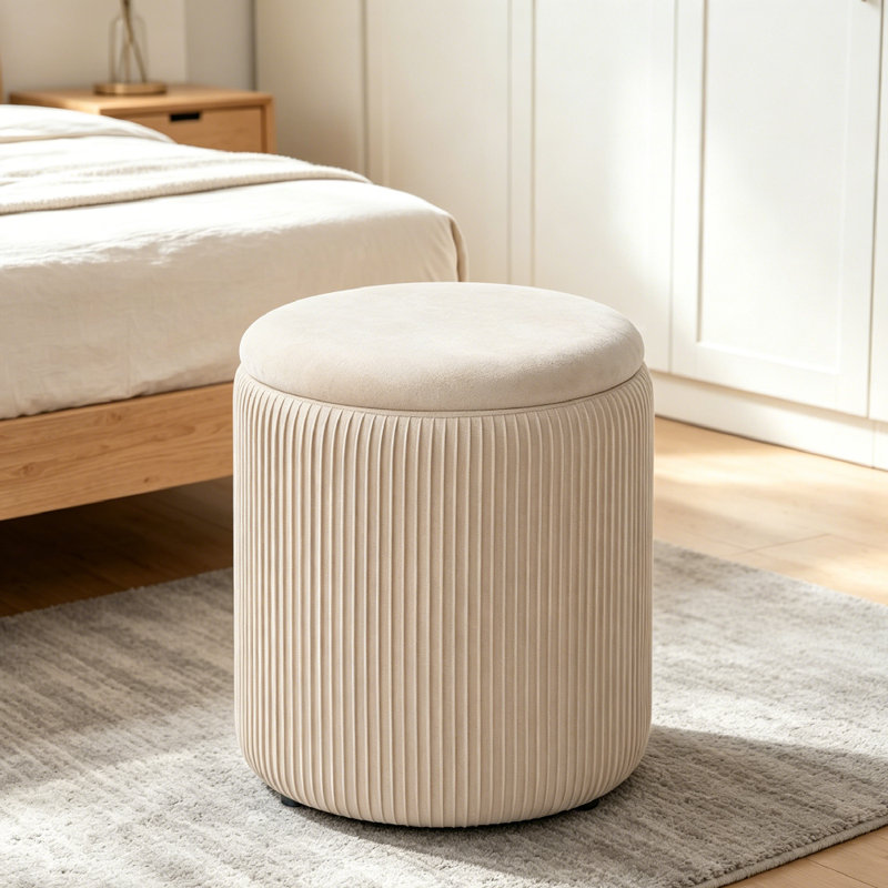 37.5cm Wide Velvet Cylinder Striped Standard Ottoman, Beige