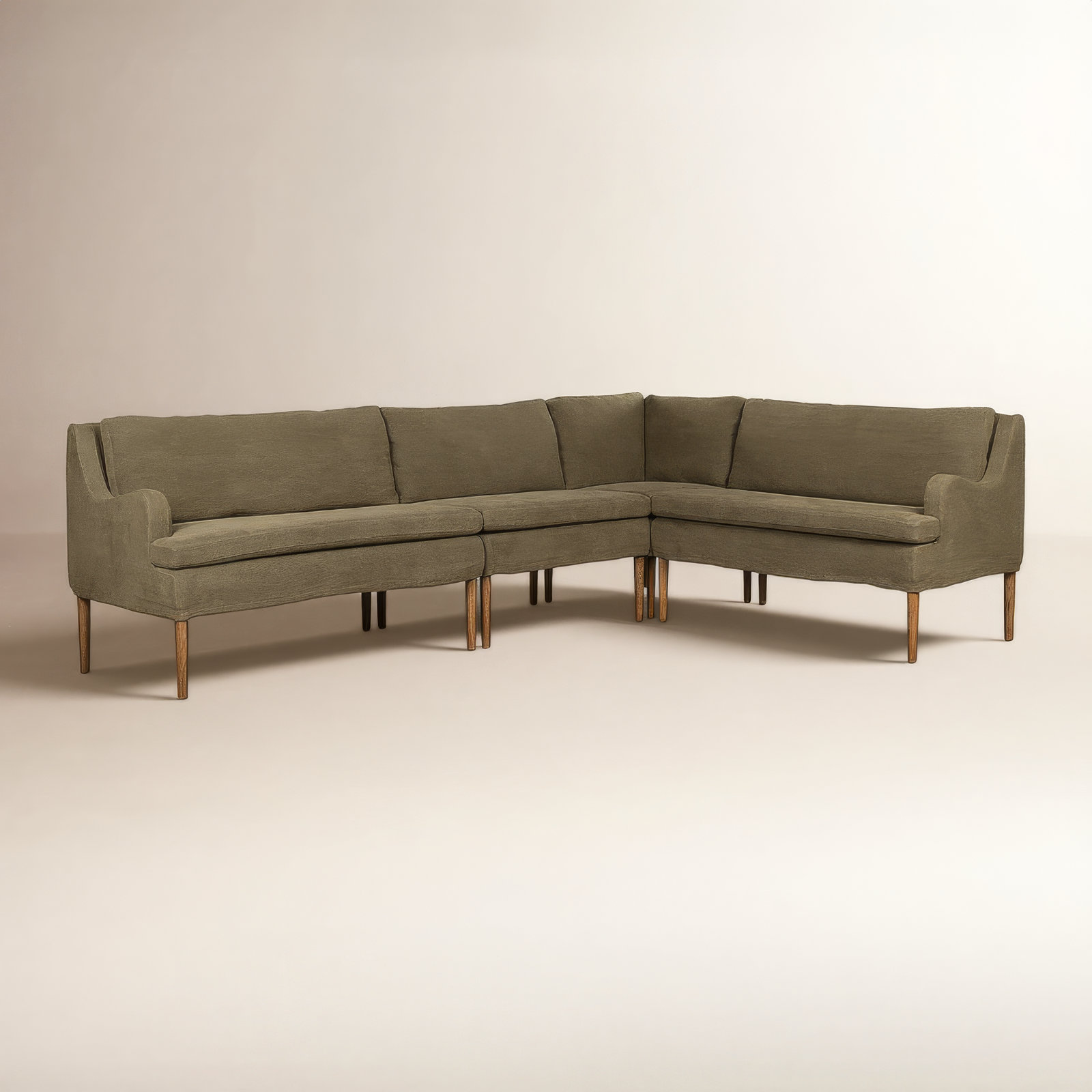 Aurelia Dining Banquette, Broadway Olive Linen, Right Hand Facing, 34.5" H x 99" W x 76" D