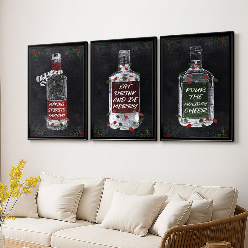 Holiday Spirits II - Toile tendue avec châssis sur mesure - 3 pièces, H 21 po x l 30 po, Noir